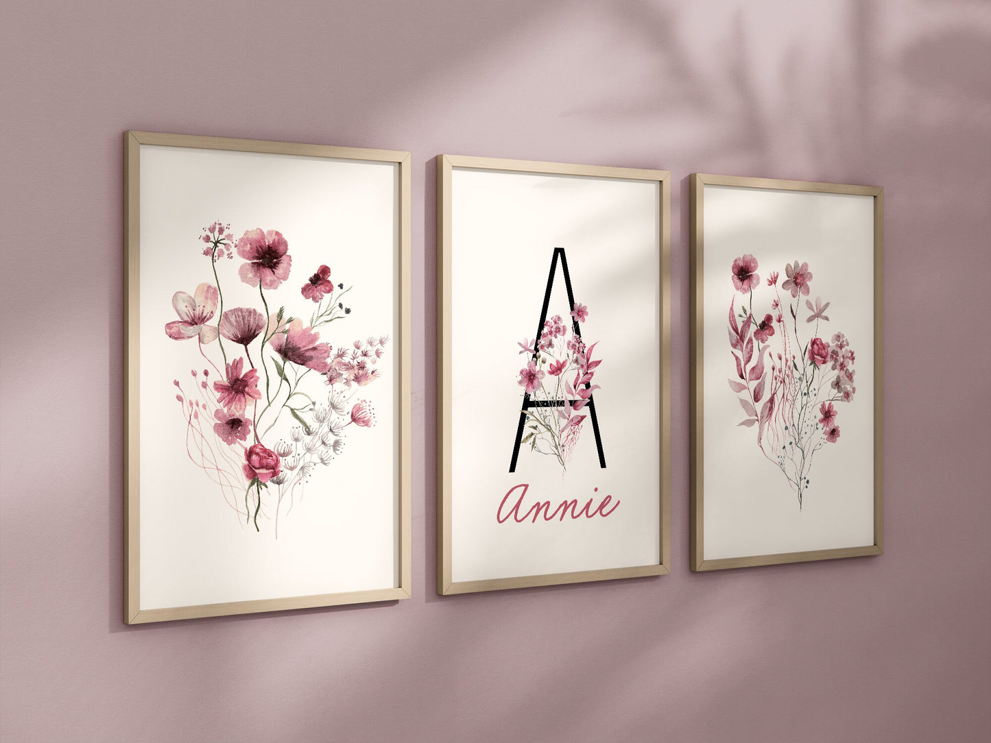 Personalized Set of 3 Maroon Boho Wildflowers Floral Art Prints, Wall Art, Bloom Bouquet, Nursery Decor, Play Room, Girl Baby Room Ideas 130