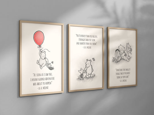 Set of 3 Classic Winnie-the-Pooh Nursery art prints, Gender Neutral Nursery, B&W, Winnie-the-Pooh inspirational quotes, new baby gift, 132