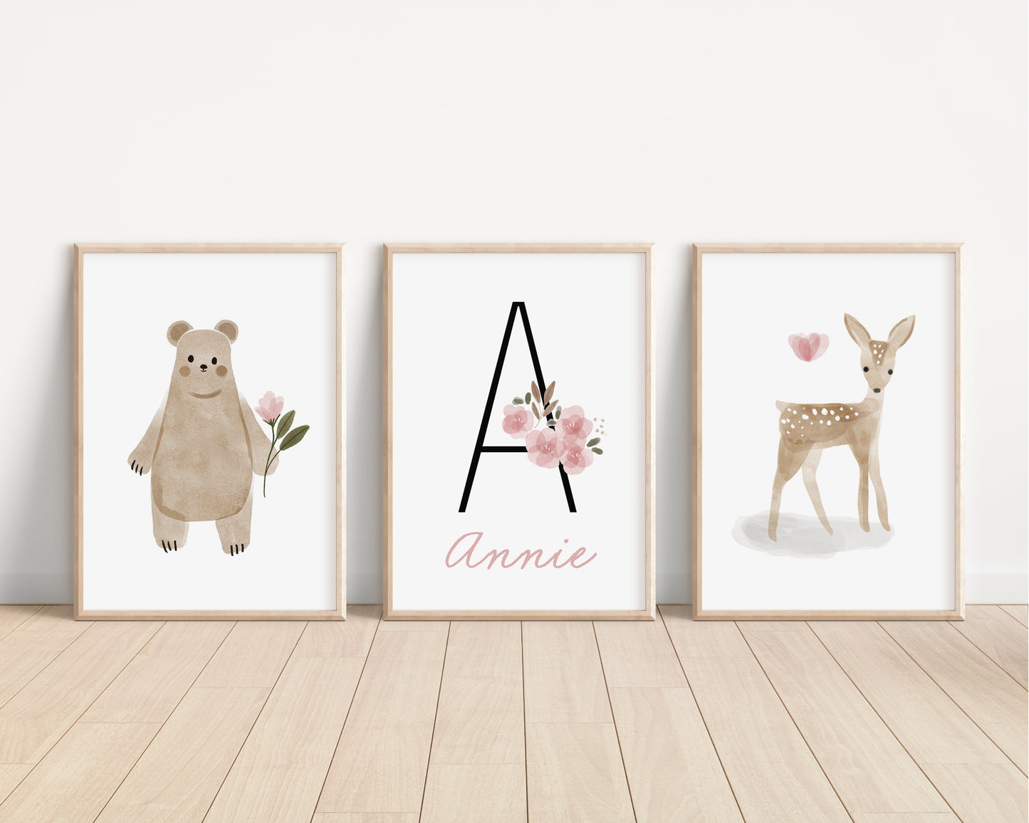 Personalized Boho Woodland Floral Animal Set of 3 Nursery Art Prints, Dusty Rose Nursery Art, Neutral Nursery Decor, Baby Room Ideas, 131