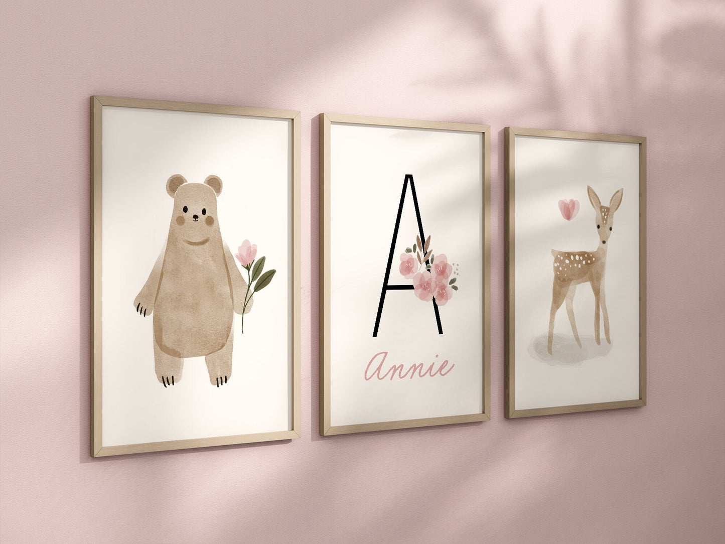 Personalized Boho Woodland Floral Animal Set of 3 Nursery Art Prints, Dusty Rose Nursery Art, Neutral Nursery Decor, Baby Room Ideas, 131