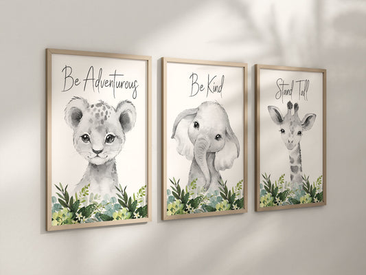 Safari Animal Set of 3 Greenery Nursery Art Prints, Jungle Theme, Black and White,  Neutral Nursery Art, Lion, Nursery Decor, Play Room, 021