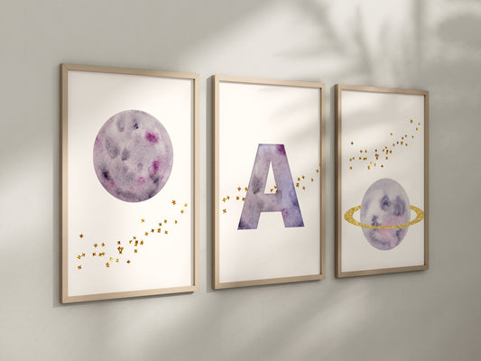 Personalized Purple Planet Set of 3 Nursery Art Prints, Wall Art, Galaxy Nursery Decor, Play Room, Girl space Baby Room Ideas, 137