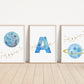 Personalized Blue Planet Set of 3 Nursery Art Prints, Wall Art, Galaxy Nursery Decor, Play Room, Boy space Baby Room Ideas, 138