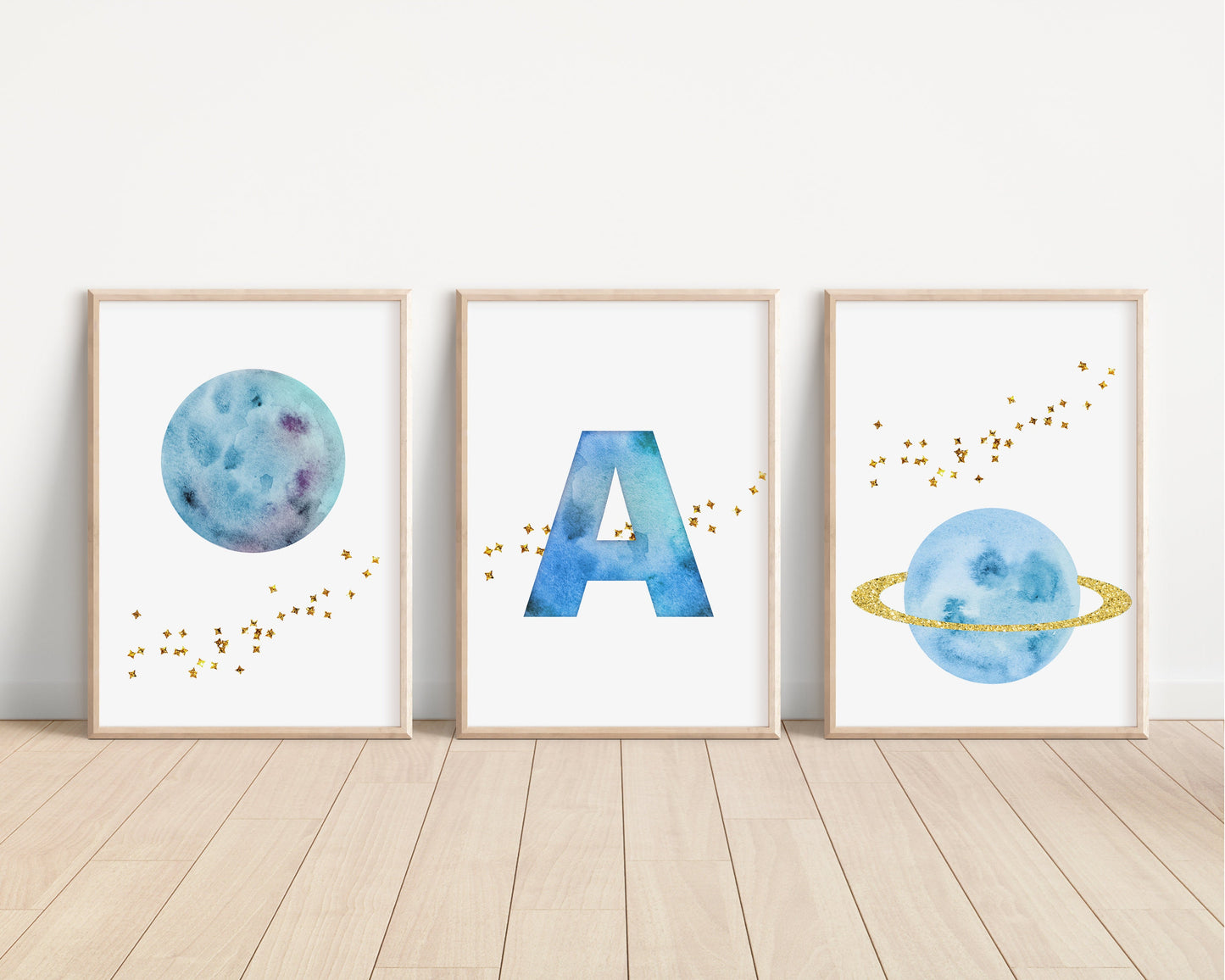 Personalized Blue Planet Set of 3 Nursery Art Prints, Wall Art, Galaxy Nursery Decor, Play Room, Boy space Baby Room Ideas, 138