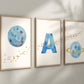 Personalized Blue Planet Set of 3 Nursery Art Prints, Wall Art, Galaxy Nursery Decor, Play Room, Boy space Baby Room Ideas, 138