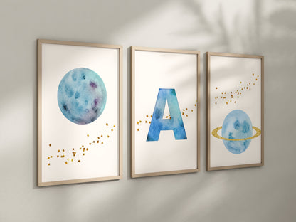 Personalized Blue Planet Set of 3 Nursery Art Prints, Wall Art, Galaxy Nursery Decor, Play Room, Boy space Baby Room Ideas, 138