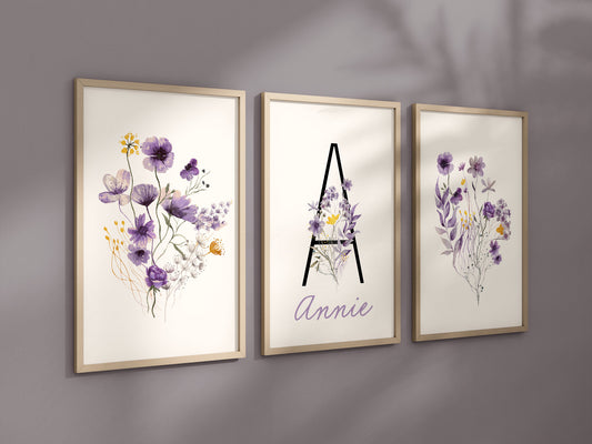 Personalized Set of 3 Purple and Gold Boho Wildflowers Floral Art Prints, Wall Art, Bloom Bouquet, Nursery Decor, Girl Baby Room Ideas 139