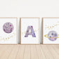 Personalized Purple Planet Set of 3 Nursery Art Prints, Wall Art, Galaxy Nursery Decor, Play Room, Girl space Baby Room Ideas, 137