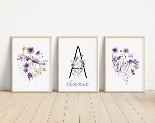 Personalized Set of 3 Purple and Gold Boho Wildflowers Floral Art Prints, Wall Art, Bloom Bouquet, Nursery Decor, Girl Baby Room Ideas 139