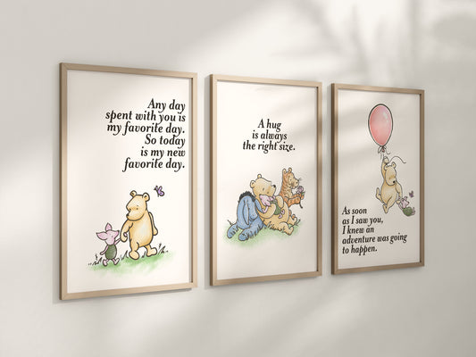 Set of 3 Classic Winnie-the-Pooh Nursery art prints, Gender Neutral Nursery, Winnie-the-Pooh inspirational quotes, new baby gift, 143