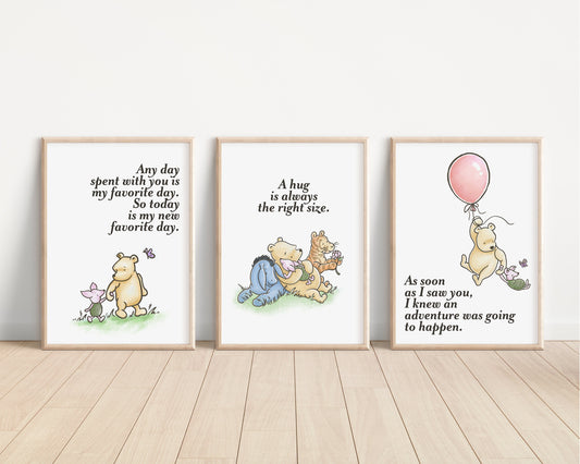 Set of 3 Classic Winnie-the-Pooh Nursery art prints, Gender Neutral Nursery, Winnie-the-Pooh inspirational quotes, new baby gift, 143
