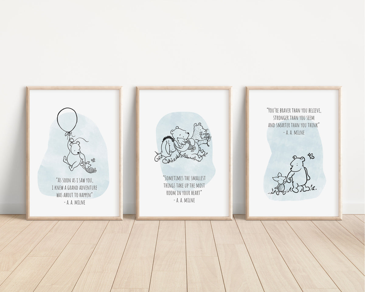 Set of 3 Classic Winnie-the-Pooh Nursery art prints, Gender Neutral Nursery, Winnie-the-Pooh inspirational quotes, new baby gift, 144