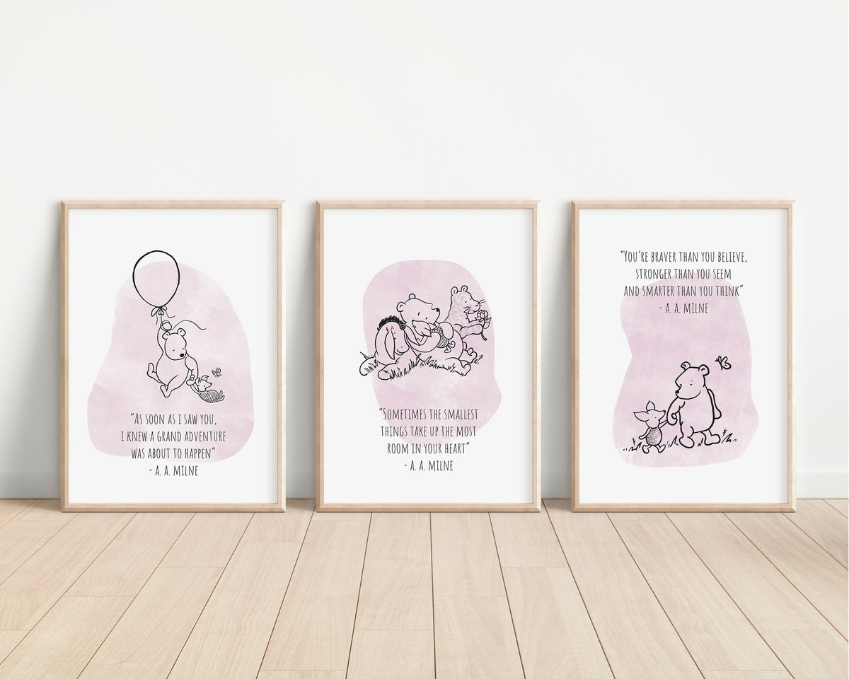 Set of 3 Classic Winnie-the-Pooh Nursery art prints, Gender Neutral Nursery, Winnie-the-Pooh inspirational quotes, new baby gift, 144