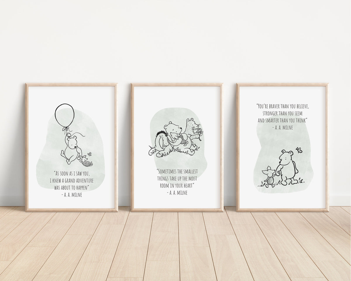 Set of 3 Classic Winnie-the-Pooh Nursery art prints, Gender Neutral Nursery, Winnie-the-Pooh inspirational quotes, new baby gift, 144