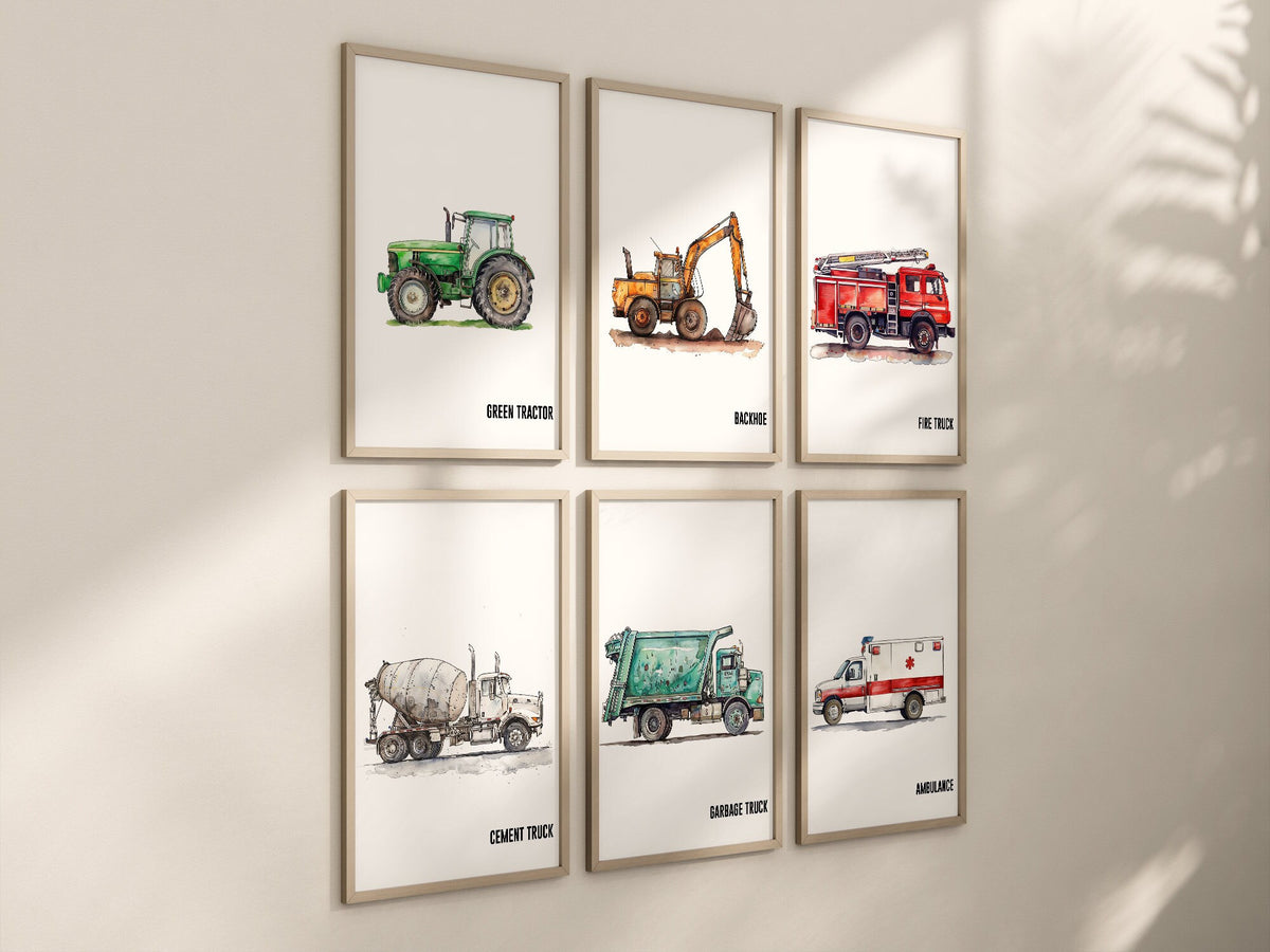 Set of 6 Construction Vehicle Prints, Kids Gallery Wall Set, Truck Wall Art, Fire Truck Nursery, Watercolor Painting, Dump Truck Decor, 147