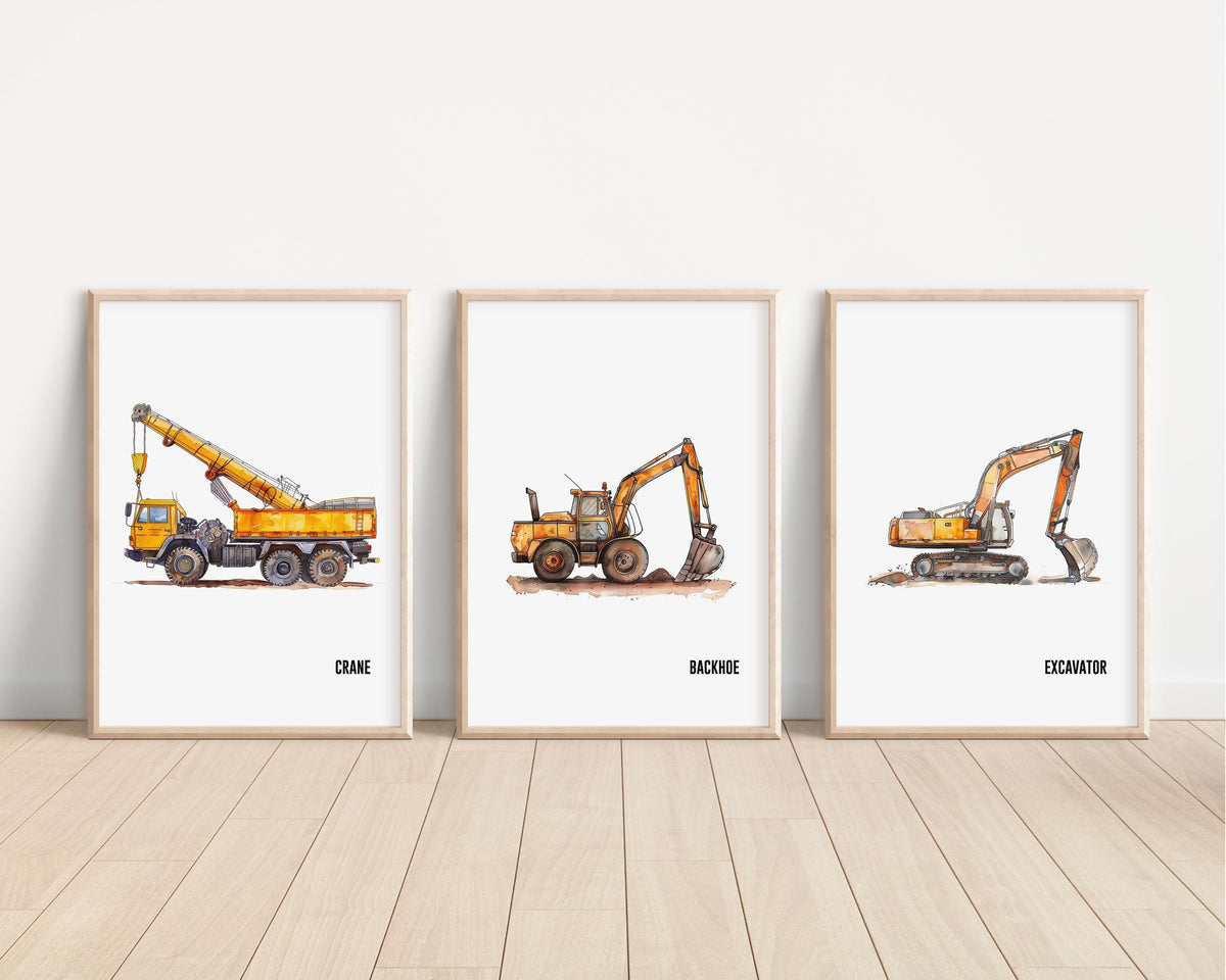 Set of 3 Construction Vehicle Prints, Kids Gallery Wall Set, Truck Wall Art, Fire Truck Nursery, Watercolor Painting, Dump Truck Decor, 147
