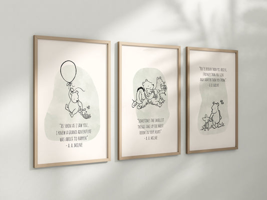 Set of 3 Classic Winnie-the-Pooh Nursery art prints, Gender Neutral Nursery, Winnie-the-Pooh inspirational quotes, new baby gift, 144