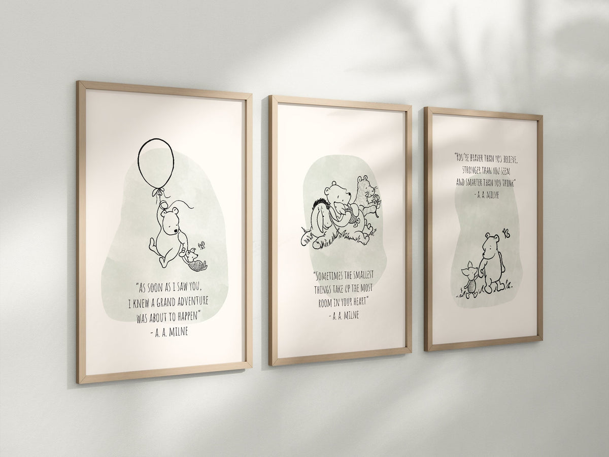 Set of 3 Classic Winnie-the-Pooh Nursery art prints, Gender Neutral Nursery, Winnie-the-Pooh inspirational quotes, new baby gift, 144
