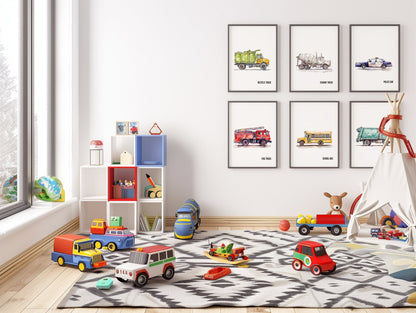 Set of 6 Construction Vehicle Prints, Kids Gallery Wall Set, Truck Wall Art, Fire Truck Nursery, Watercolor Painting, Dump Truck Decor, 147