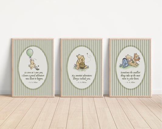 Set of 3 Classic Winnie-the-Pooh Nursery art prints, Gender Neutral Nursery, Winnie-the-Pooh inspirational quotes, new baby gift