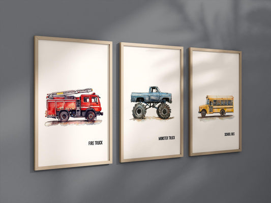 Set of 3 Construction Vehicle Prints, Kids Gallery Wall Set, Truck Wall Art, Fire Truck Nursery, Watercolor Painting, Dump Truck Decor, 147