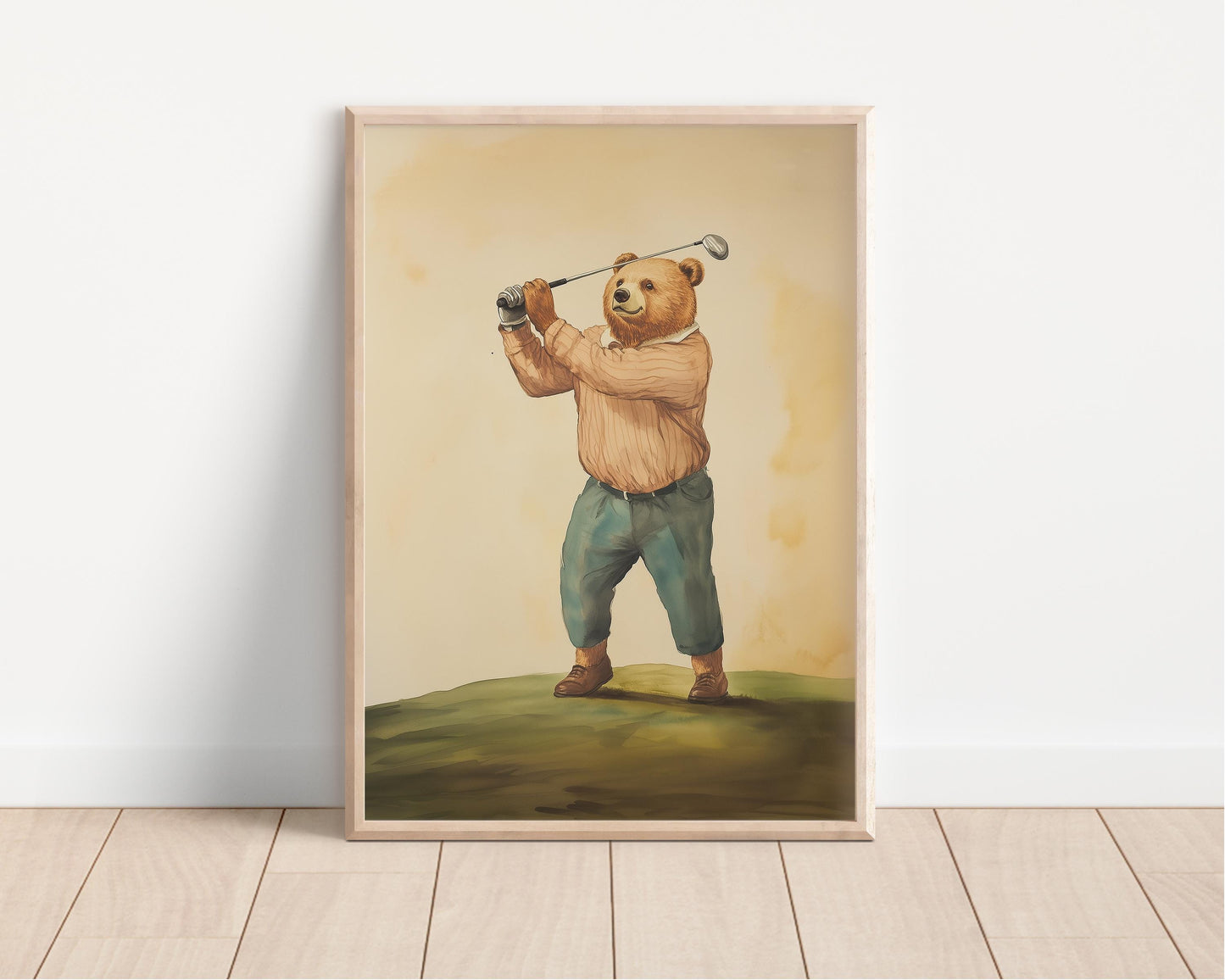 Bear Playing Golf Watercolor Art Print, Baby Shower Gift, Golf Theme Nursery Wall Art, Nursery Decor, 150