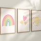 Set of 3 Nursery Art Prints with Pastel Rainbow, Sun and Hearts
