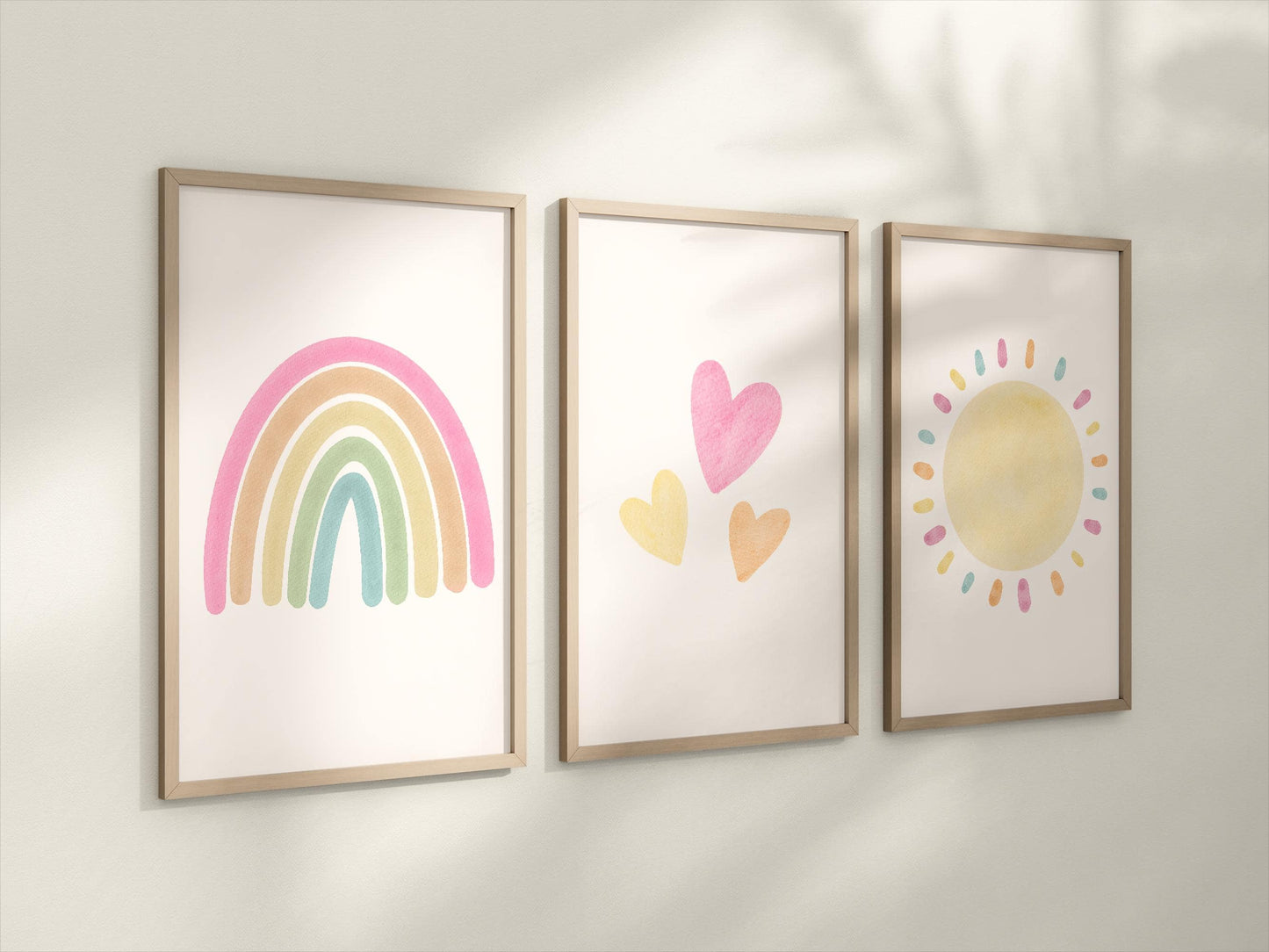 Set of 3 Nursery Art Prints with Pastel Rainbow, Sun and Hearts
