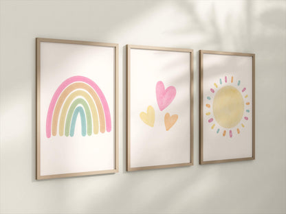 Set of 3 Nursery Art Prints with Pastel Rainbow, Sun and Hearts