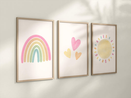 Set of 3 Nursery Art Prints with Pastel Rainbow, Sun and Hearts