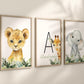 Personalized Set of 3 Safari Animal Nursery Prints with Lion, Elephant, and Giraffe