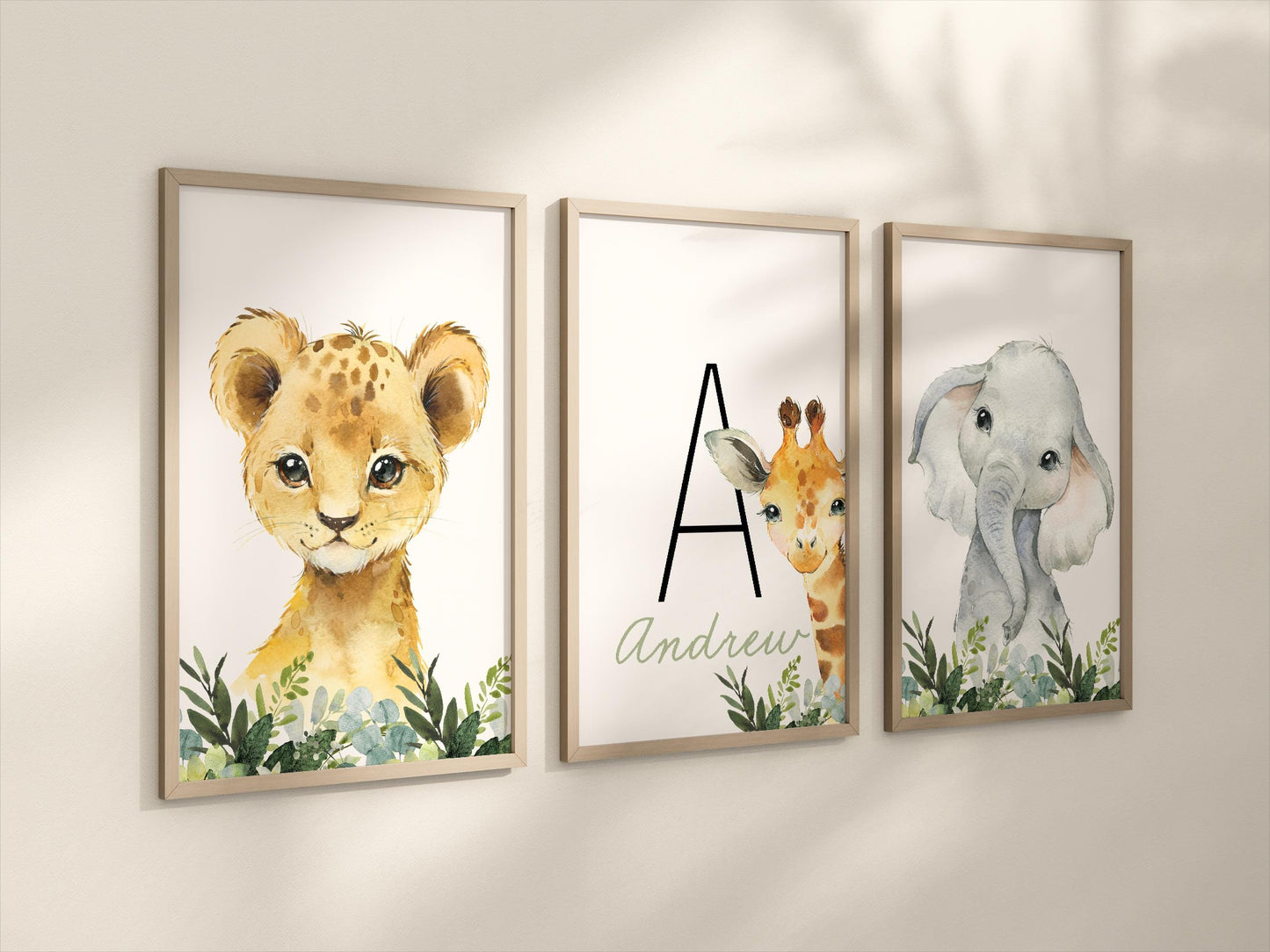 Personalized Set of 3 Safari Animal Nursery Prints with Lion, Elephant, and Giraffe