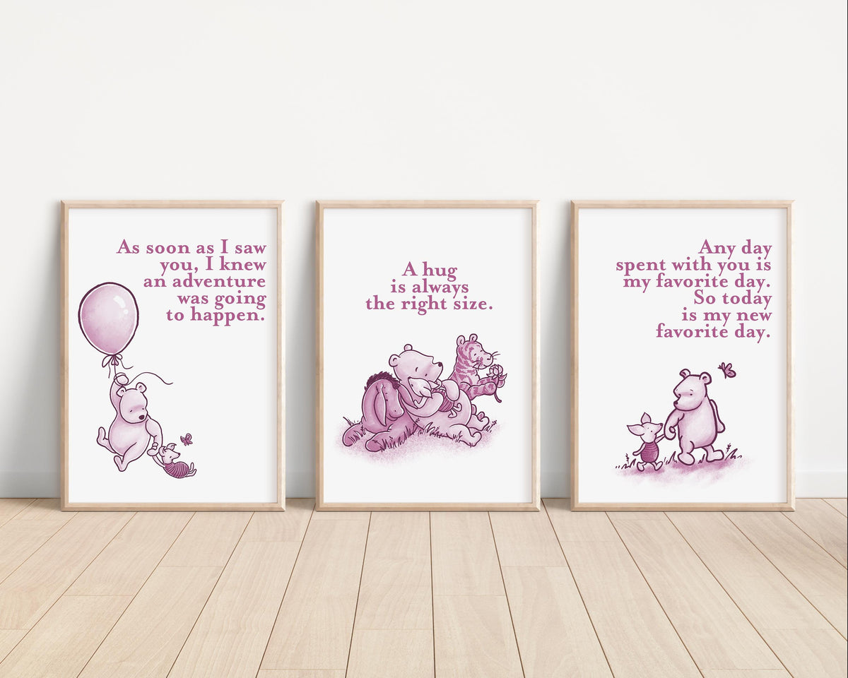 Set of 3 Classic Winnie-the-Pooh Nursery Art Prints, Pink