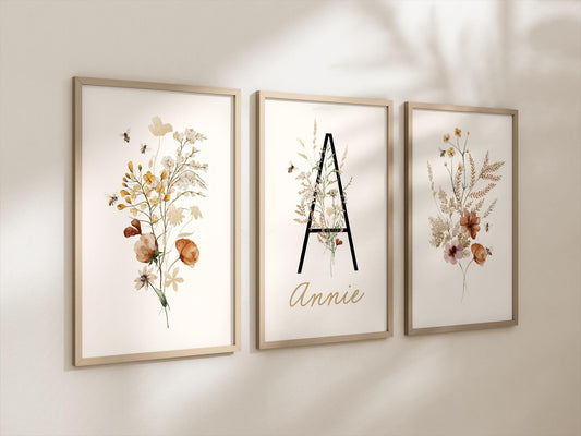 Personalized Set of 3 Honey Bee Wildflowers Floral Art Prints