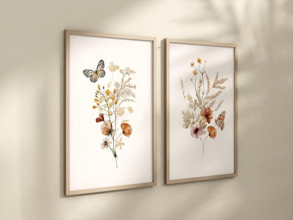 Set of 2 Wildflower Floral Art Prints with Butterflies