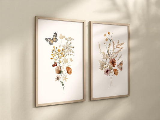 Set of 2 Wildflower Floral Art Prints with Butterflies