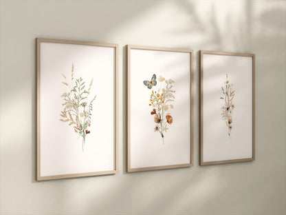 Set of 3 Boho Butterfly and Wildflowers Floral Art Prints
