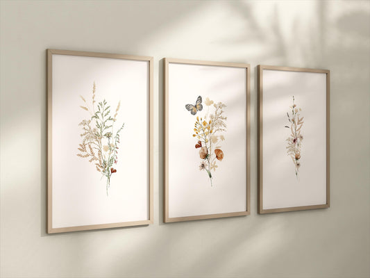 Set of 3 Boho Butterfly and Wildflowers Floral Art Prints