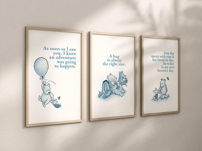 Set of 3 Classic Winnie-the-Pooh Nursery Art Prints, Blue