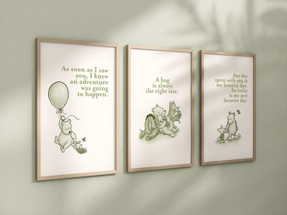 Set of 3 Classic Winnie-the-Pooh Nursery Art Prints, Green