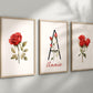 Personalized Set of 3 Red Rose Flower Art Prints, Wall Art, Bloom Bouquet, Nursery Decor, Play Room, Baby Room Ideas