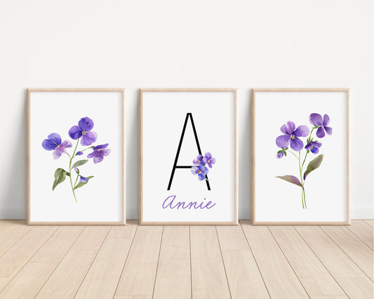 Personalized Set of 3 Violet Flower Art Prints, Wall Art, Bloom Bouquet, Nursery Decor, Play Room, Girl Baby Room Ideas